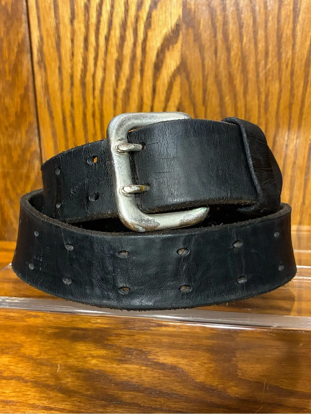 Vintage USA MADE Men’s Black Leather Double Prong Distressed Belt Adjustable